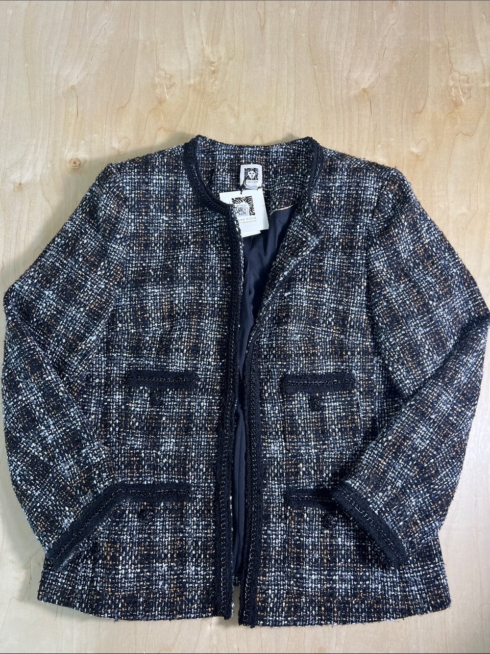 Anne Klein Black & brown Multi Tweed Collarless Jacket size 10